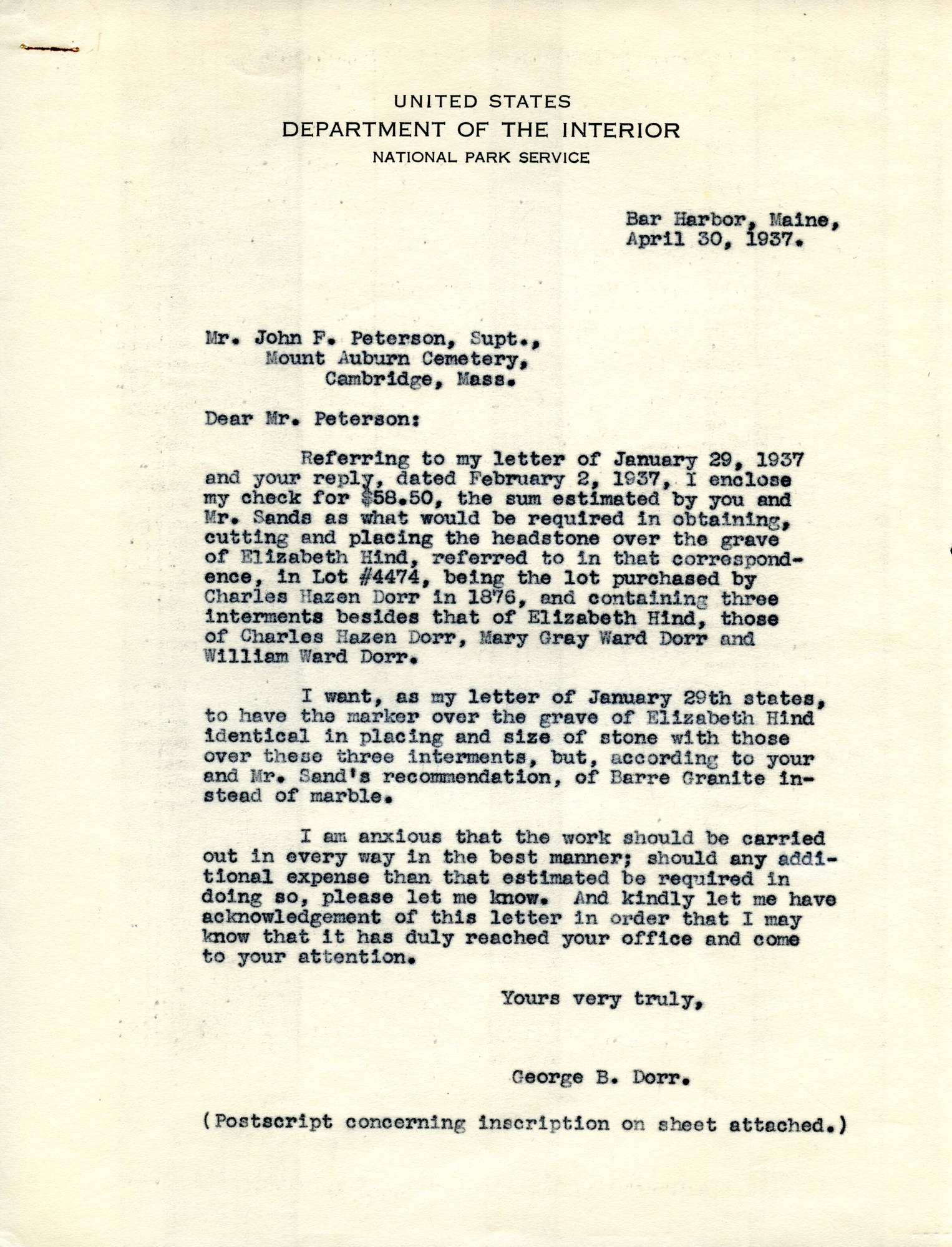 Letter, Dorr to Peterson, April 30, 1937 p.1.tif