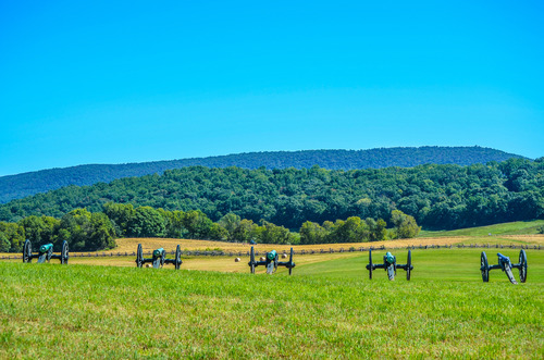 A line of 5 cannons along the field of Schoolhouse Ridge North. The cannons are facing away from the viewer and are pointed towards the Blue Ridge Mountains straight ahead.