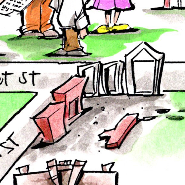 Cartoon drawing of the President's House Site featuring a red brick fireplace and portico door.