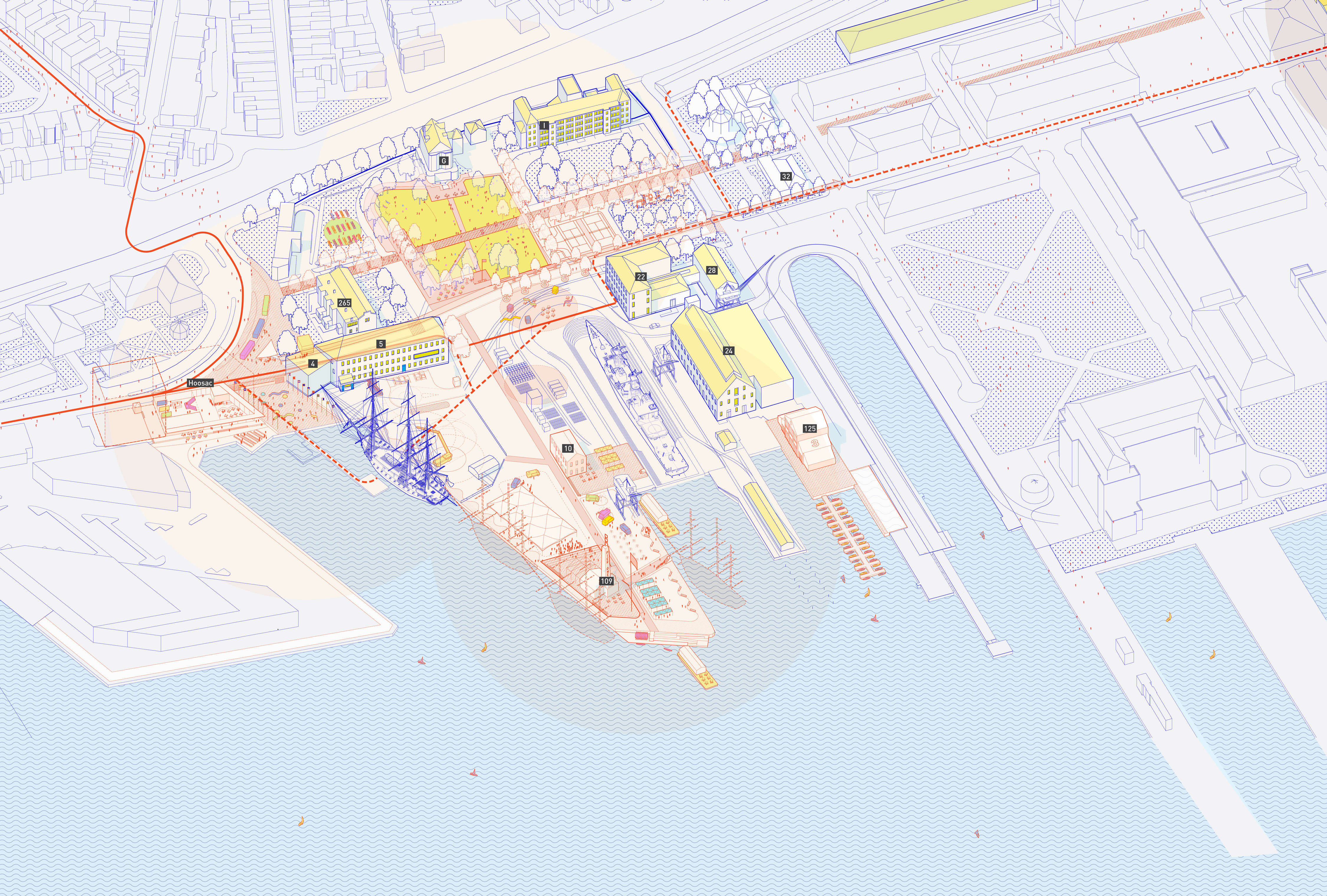 Aerial view of Charlestown Navy Yard. From west to east, key buildings and structures are identified, including the Gateway to Charlestown Navy Yard, USS Constitution, the present day NPS Visitor Center, and Pier One.