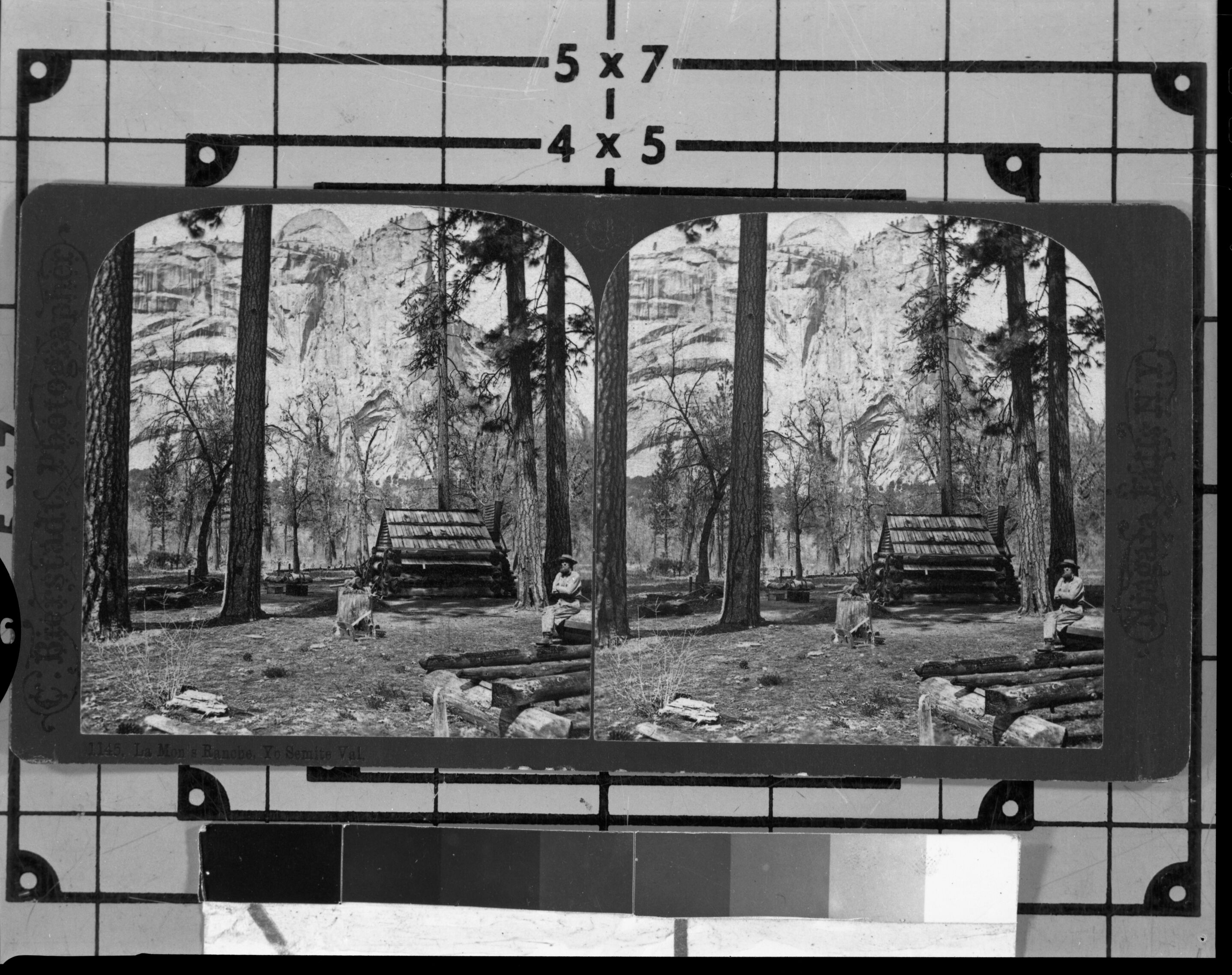 From L. Smaus Collection. Original card sepia toned print of orange card. Captioned: "La Mon's Ranche, Yo Semite Valley."