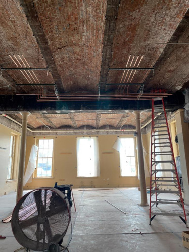 Exposed brick can be seen in the ceiling of one of the rooms in the Old Courthouse that is being renovated.