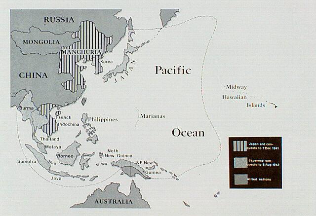 Map and type overlay highlighting Japanese conquests to December 7, 1941 and August 6, 1942