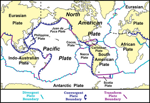 world map showing tectonic plates and types of plate boundaries