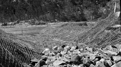 Basket dam #1 construction along the Virgin River with a view of willow mat underneath the wire.