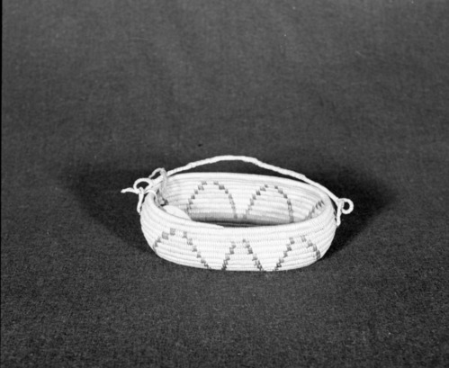 Marie Rozier Collection, Catalog No. 100. Object: Southern California basket. Dimensions: 7 1/4 x 4 1/2 x 2". Materials: Juncus, bunchgrass, unidentified background material. Technology: Rightward coil direction, non-interlocking stitching, fag ends flipped and bound under, moving ends clipped on interior or bound under, handle attached by two loops on each side. Collection History: Acquired from Colt Collection, 1849-1860? Bought in Vermont. Photographed by Michael Dixon, December 1982. Catalogued by Craig Bates and Barbara Beroza. Yosemite Collections, National Park Service.