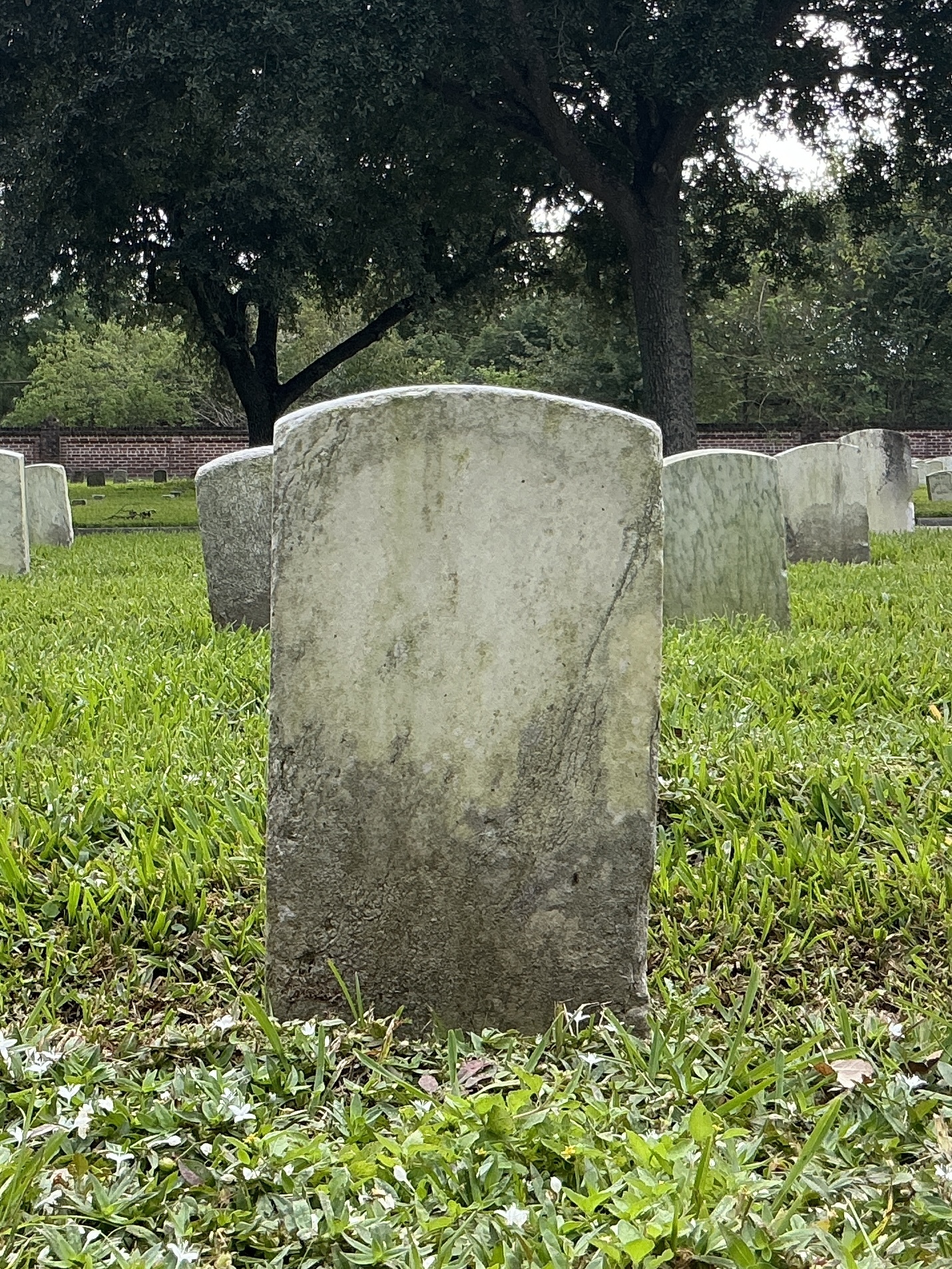 Back of historic upright marble headstone with recessed shield face.