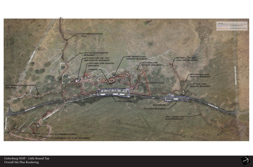 An artistic rendition of the Little Round Top rehabilitation project. Roads and trails are shown in grey, vehicles and monuments are shown in white, and tree covered areas are shown in green.