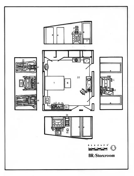 Interpretive Period: 1897-1904, when the building served as Clara Barton's private residence, Red Cross National Headquarters, and warehouse. Illustration depicts the bedroom/storeroom.