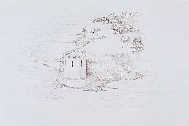 Probable appearance of El Morro's 1539 tower. At one time, this tower stood alone as the only defensive structure protecting the entrance to San Juan.