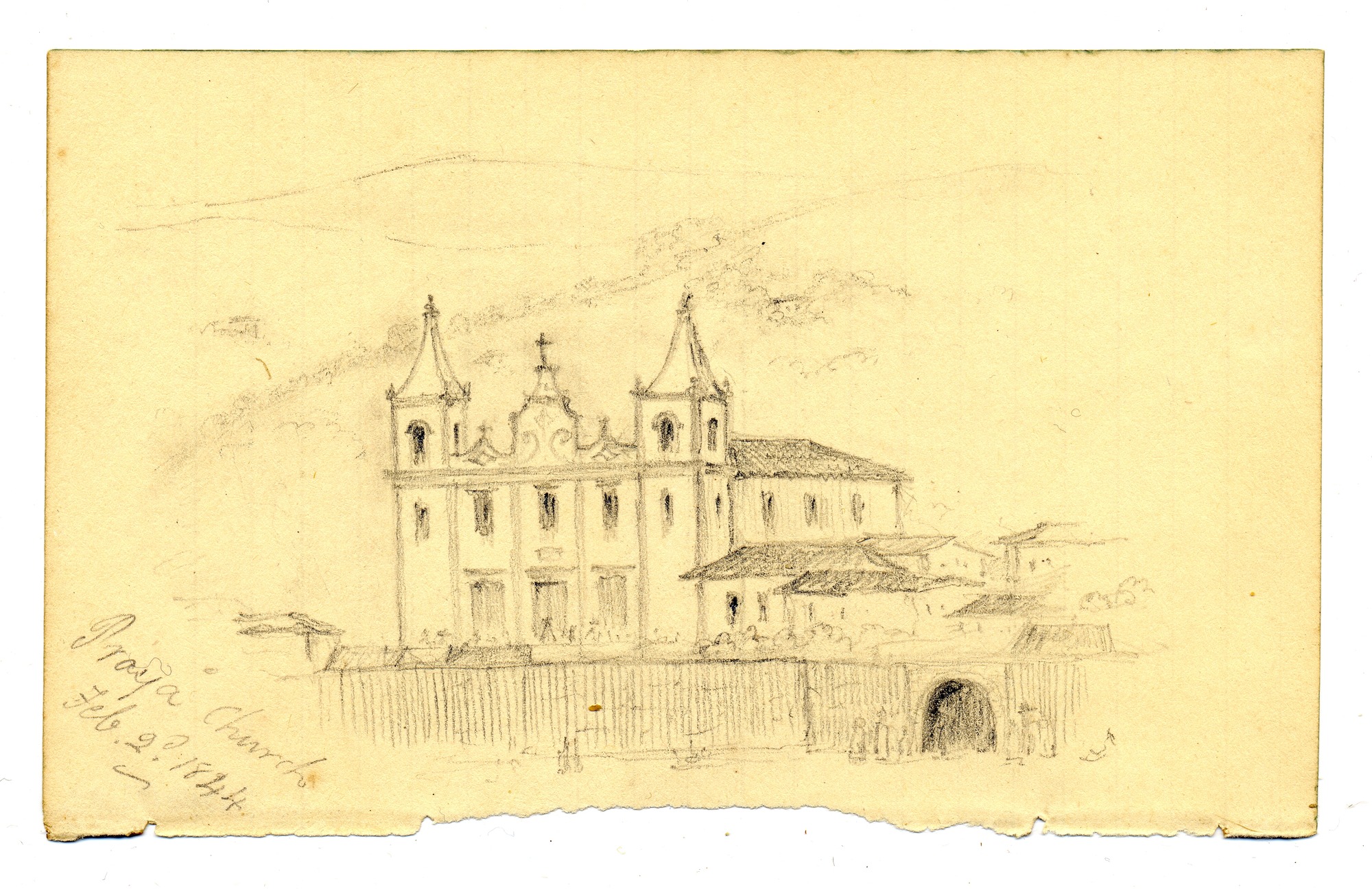 Pencil sketch of large building with two towers and cross on facade.