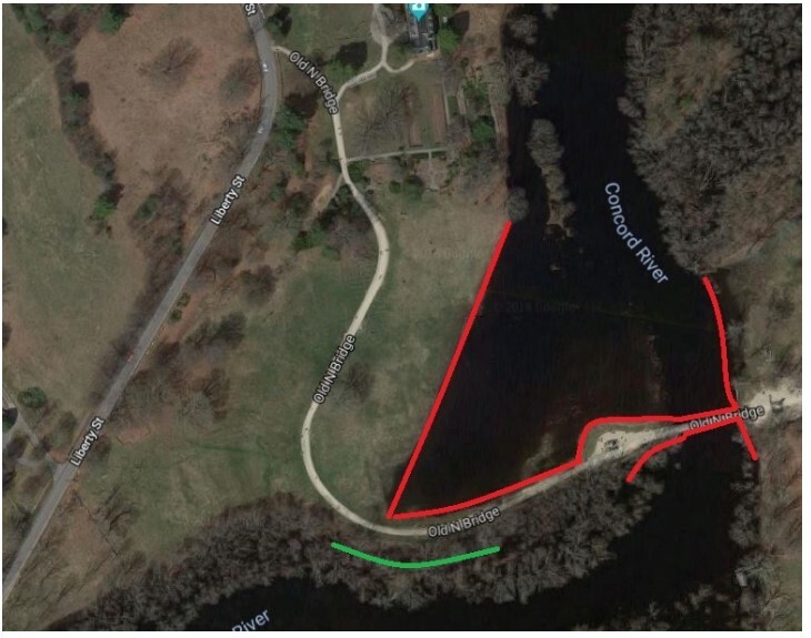 Arial photograph of the North Bridge area, green meadow land and a river from top to bottom of image on the right side. A green line marks the area on the center/bottom of the image beside the river. 