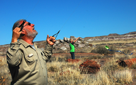 Uniformed man flying kites with kids among petrified logs and rocks under a blue sky with mesas in the background.