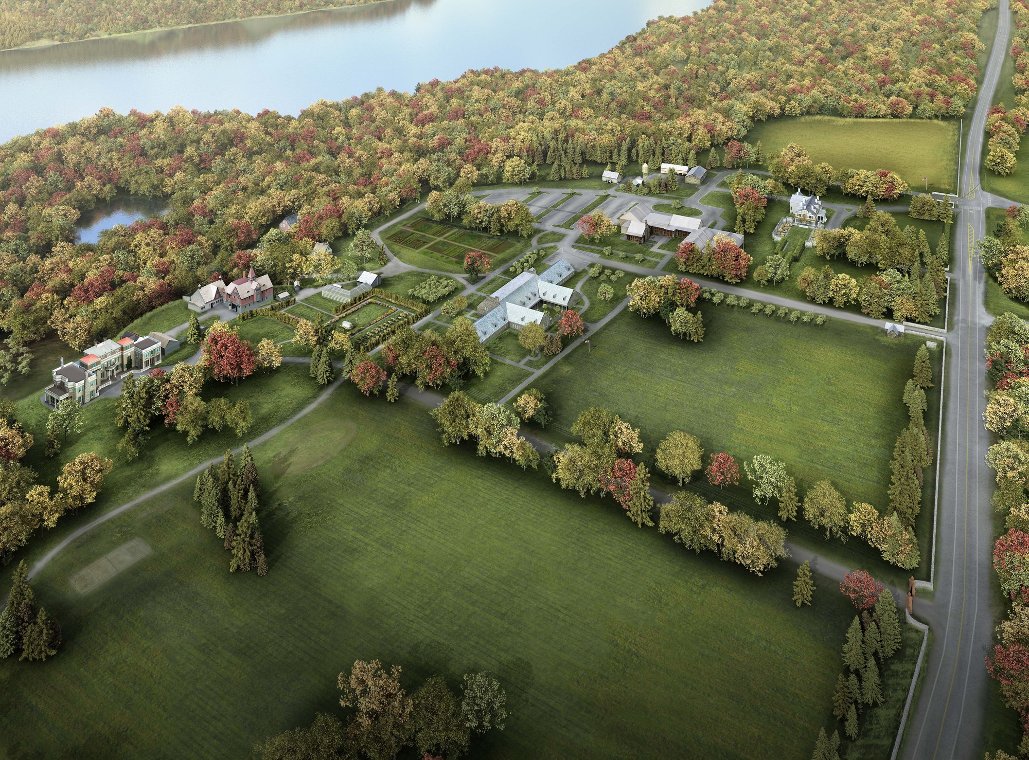 An artist's rendering of a birdseye view of the park nestled between the Hudson River and Route 9 to each side. The map includes roads, parking lots, gardens, the visitor center, the Roosevelt home, the Presidential LIbrary, and several garages and stables. 