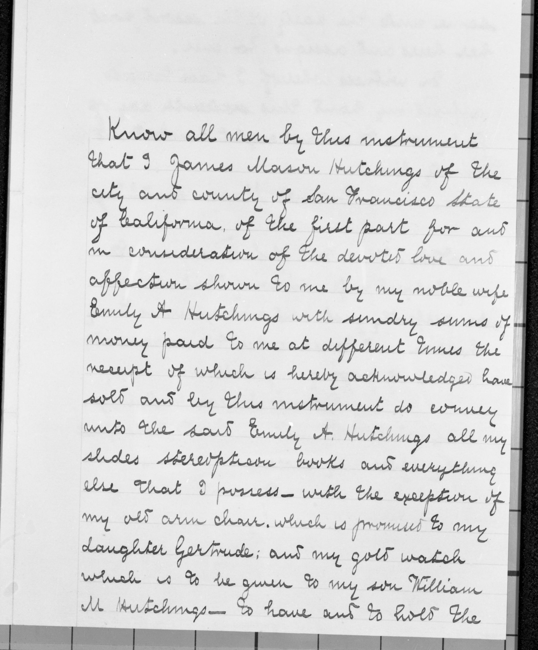 Page 2 of James Mason Hutchings' will dated June 10, 1895. See also RL-13,721 & 13,722. Copied August 7, 1975 by J. Born.