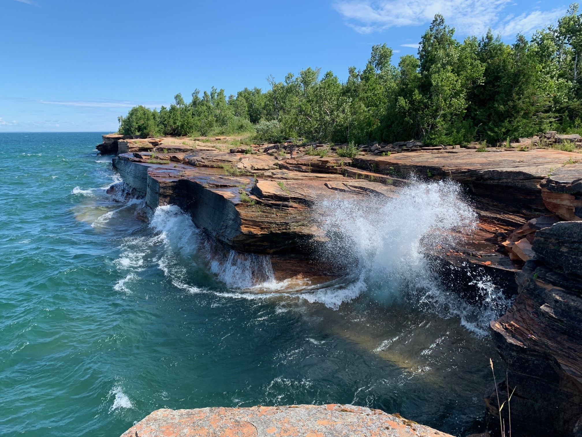 Big waves crash up onto an exposed sandstone rock ledge with a forest in the background on a blue sky day. 