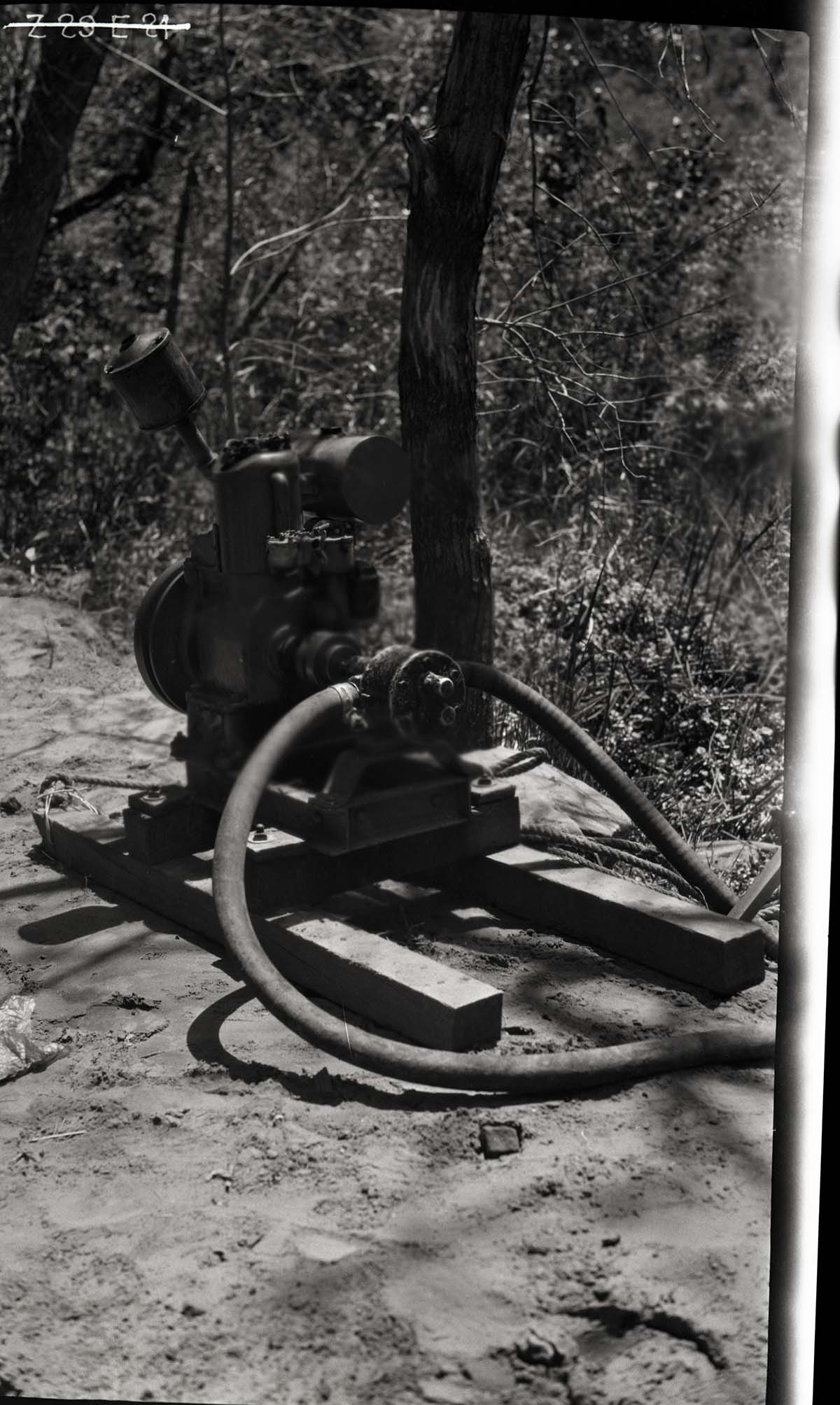 Narrows Trail construction, 1-1/2 horsepower pump for moving water from river to path.