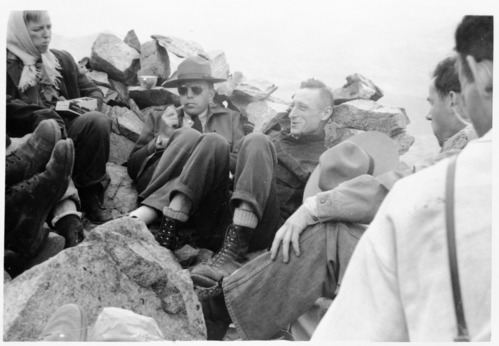 Copy Neg.: Michael Dixon, 1985. Original photo in the 1950 Yosemite Field School Yearbook. Photo captioned "Waldo & Sharsmith on top of Mt. Dana."