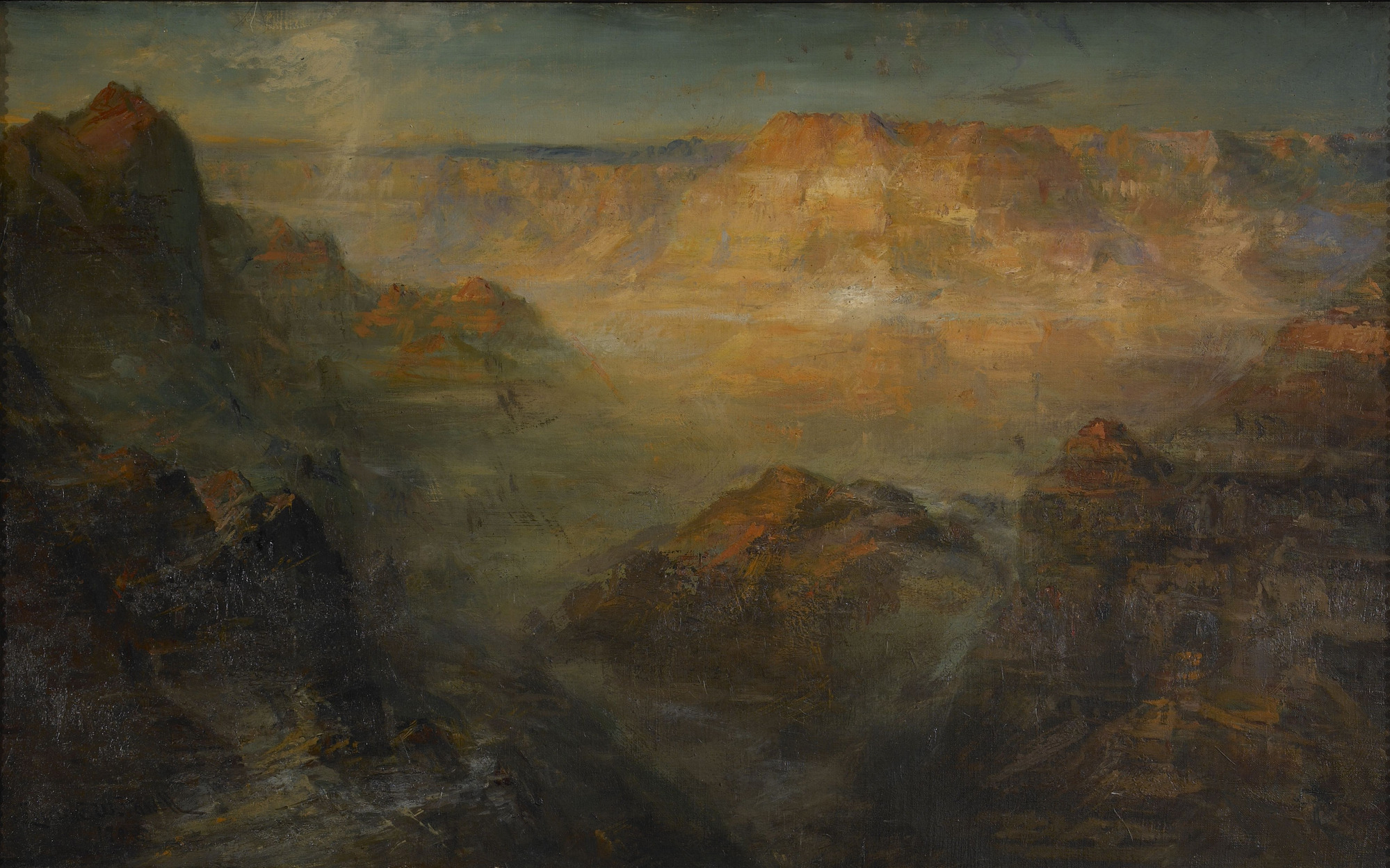A painting of the Grand Canyon with a blue sky and different rock outcroppings. The foreground is darker in color and shade, while the background is lighter as if the sun was shining in the canyon. 
