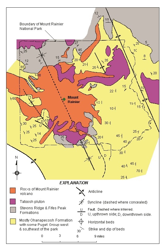 Map of major geologic features in and around Mount Rainier National Park.