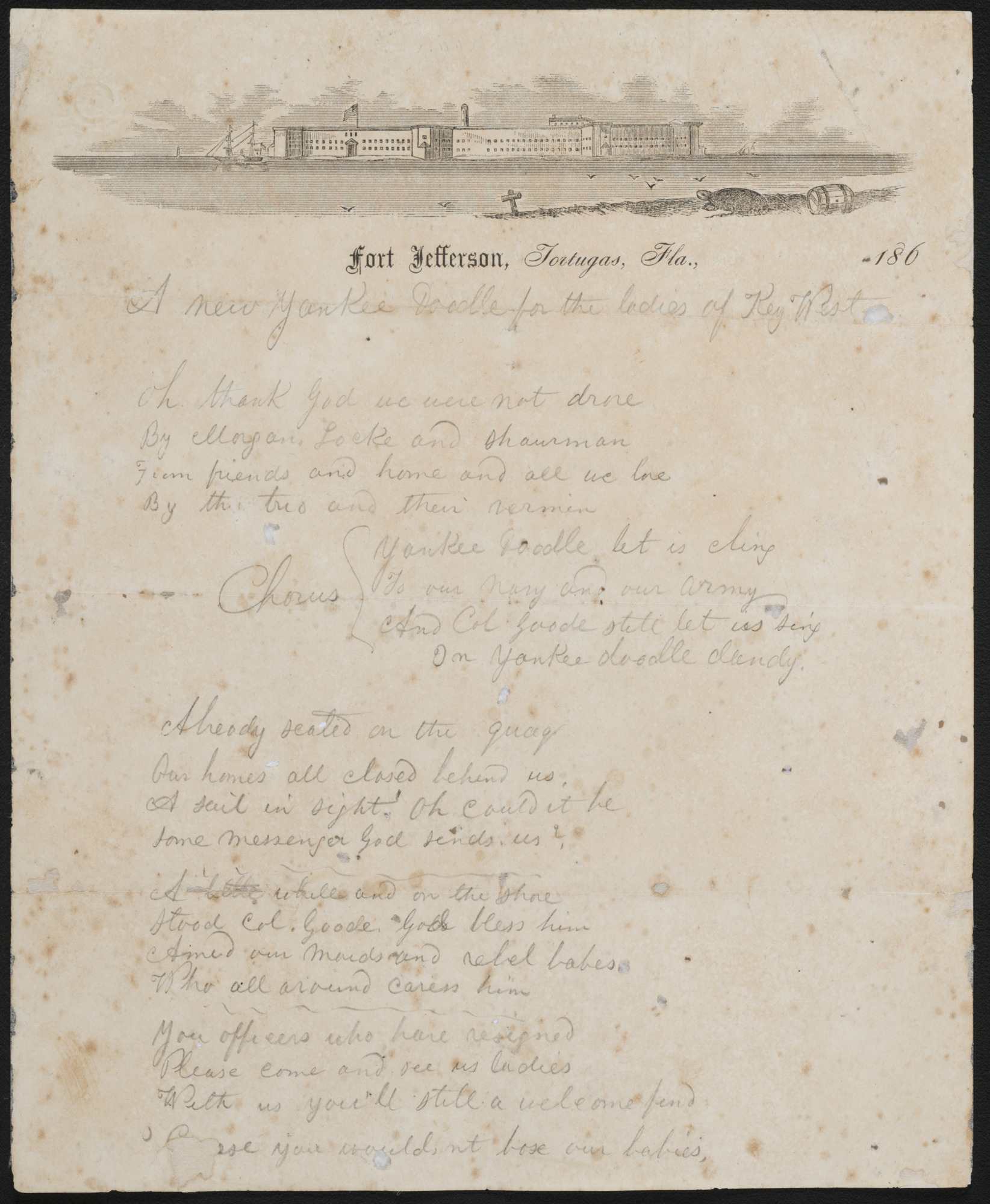 Front of written lyrics to Yankee Doodle: A new Yankee Doddle for the ladies of Key West.