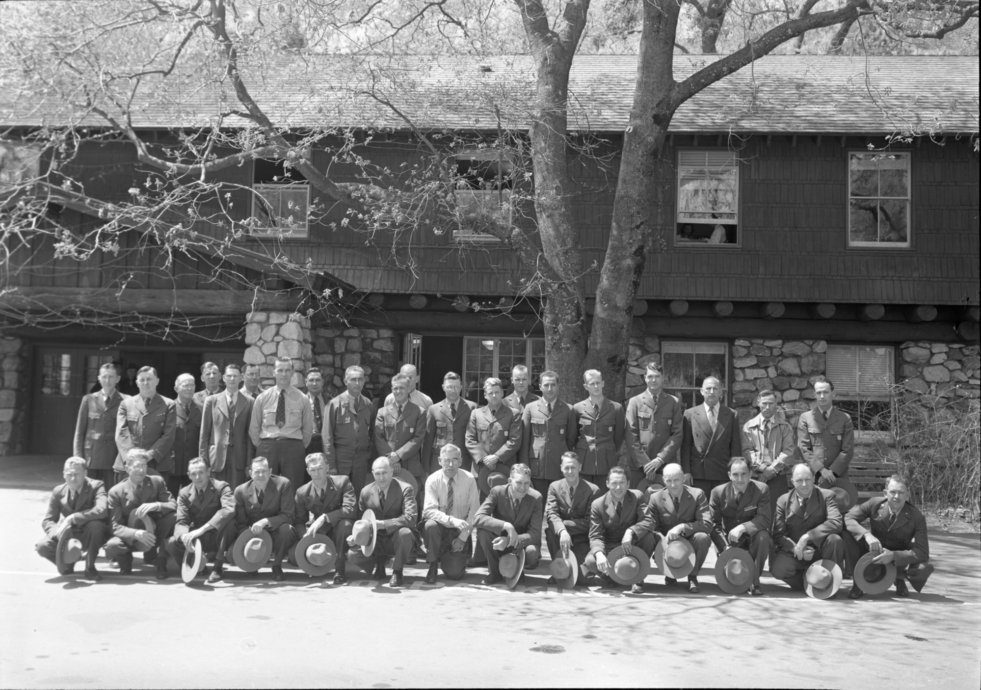 Supt. & Rangers Fire Conference "Hats off" Left to Right: BACK ROW: Stewart Wallace, Walt Finn, Gus Eastman, John Bingaman, Moore, George Walker, Larry Cook, Rocky Cochran (D.V.), Mike Oakes, Maurie Thede, Irving Kerr, Jack Reynolds, Jack Nattinger (Olympic), Samuel Pusateri, Floyd Dickinson (Olympic), Fred Walker, Loyd Finch (Sequoia), Ward Yeager. FRONT ROW: Tommy Rilon, Carl Danner, Ron Haelock, Odin Johnson, Frank Givens, Bill Merrill, Sanford, Oscar Sedergren, Hall, Gordon Bender, Browne, Bill Joffee, Offal, Jack Bell.