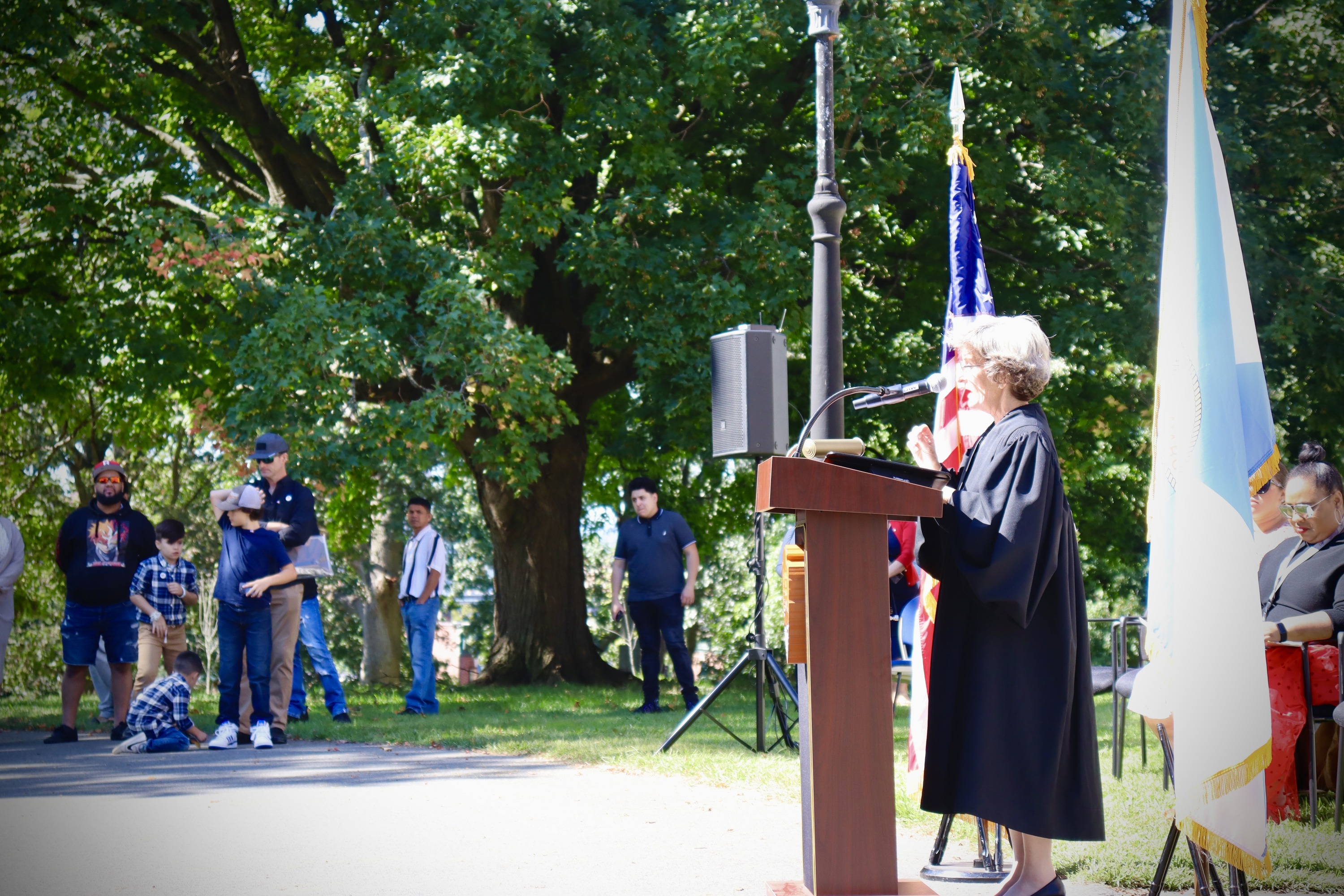 A judge stands at a podium flanked by flags 