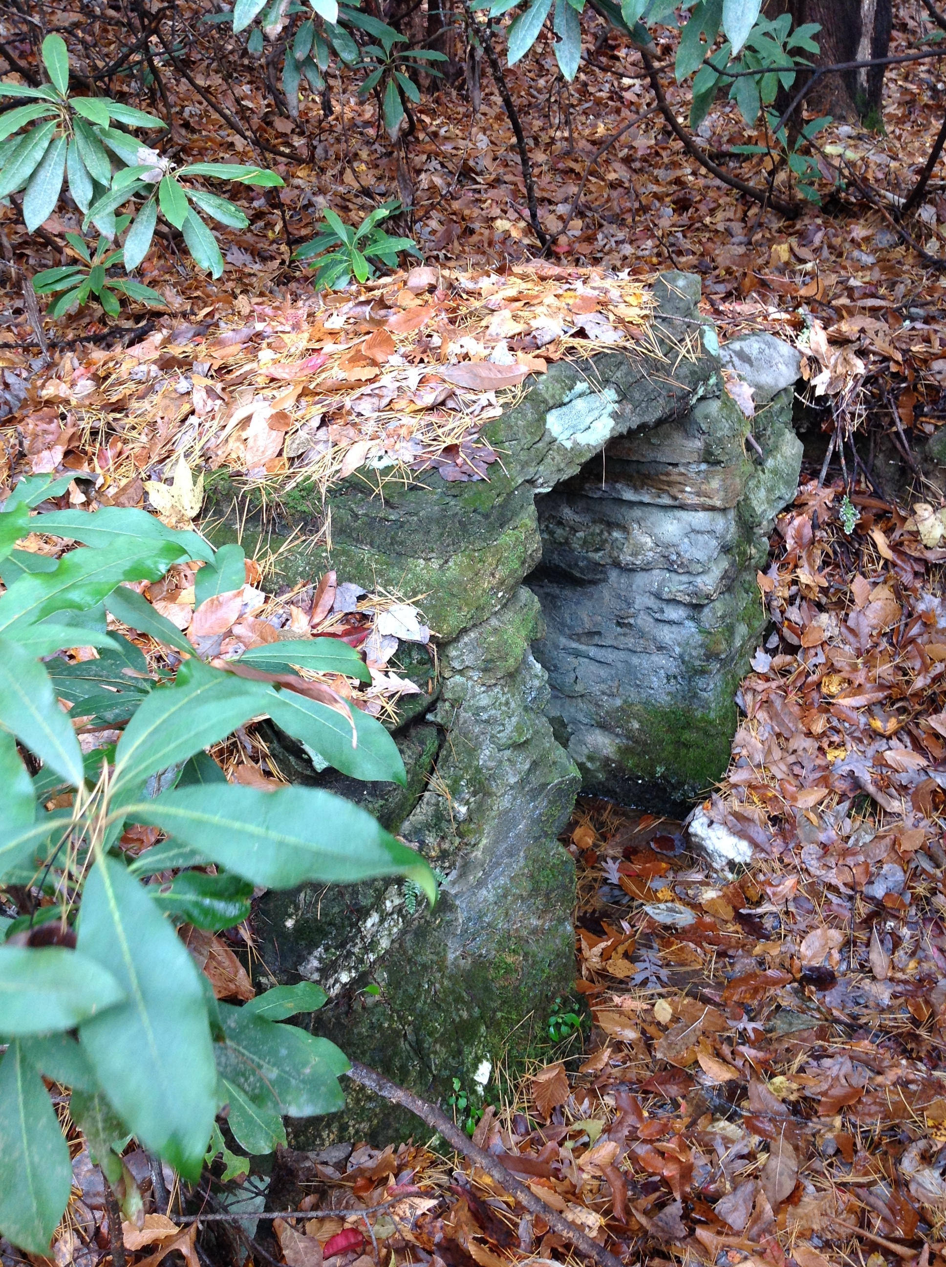 A rock structure in a wooded area.