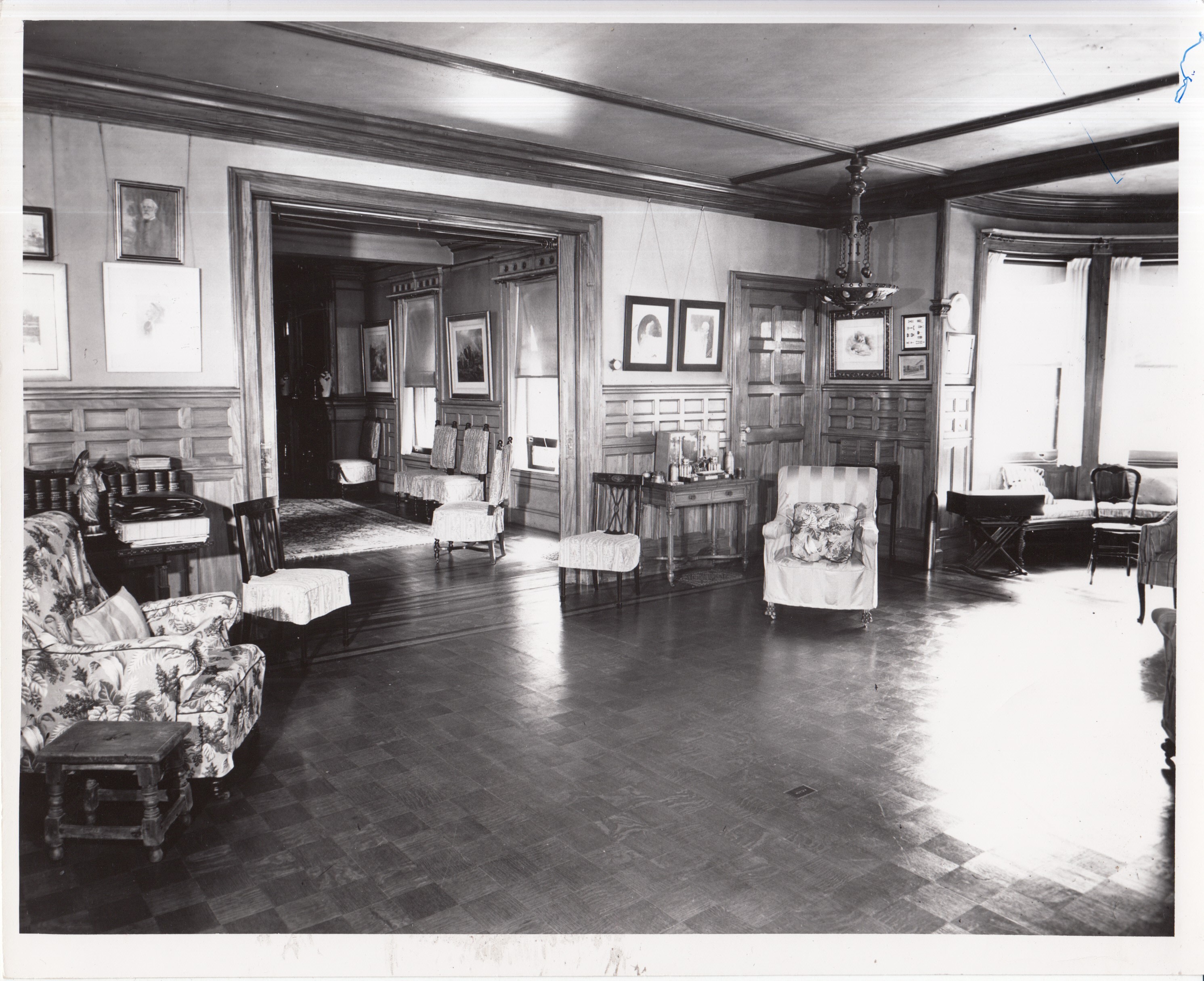 Glenmont, interior, first floor, Den, facing south, Dining Room in distance.