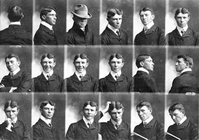 A series of black and white photo's of Carl Sandburg in three horizontal rows with six images on each row. These were done by famous photographer and brother-in-law Edward Steichen