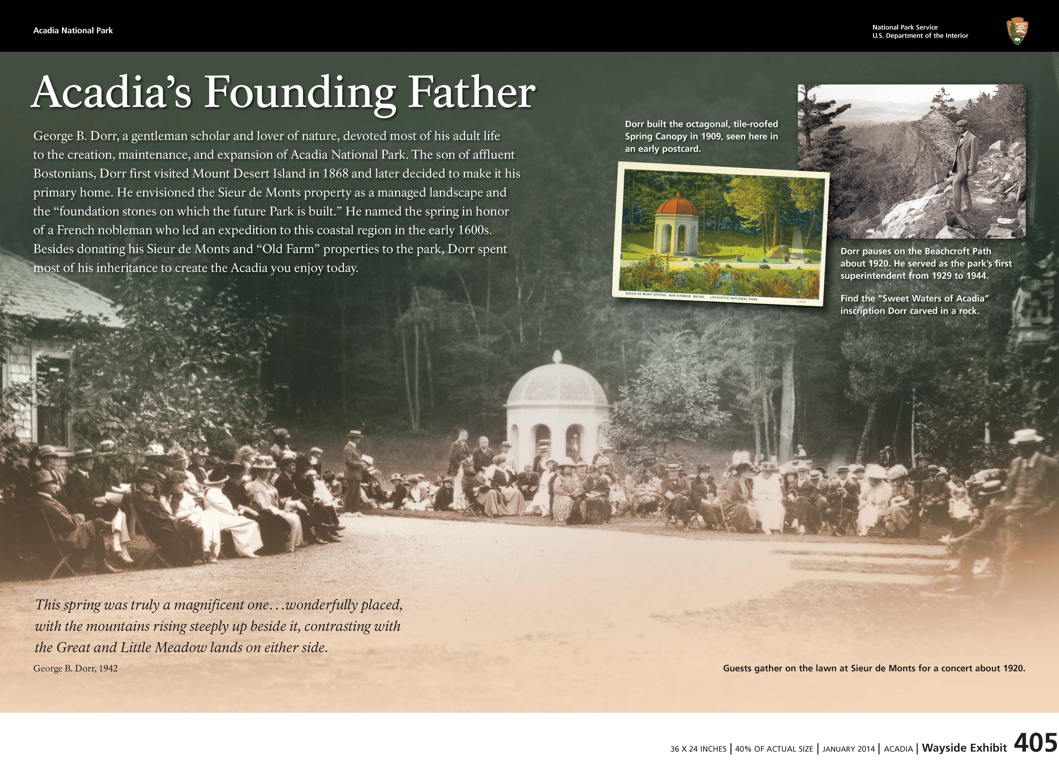 Title: Acadia's Founding Father in bold; background historic image of 19th century people gathering in chairs along a curved path with spring house in the background.