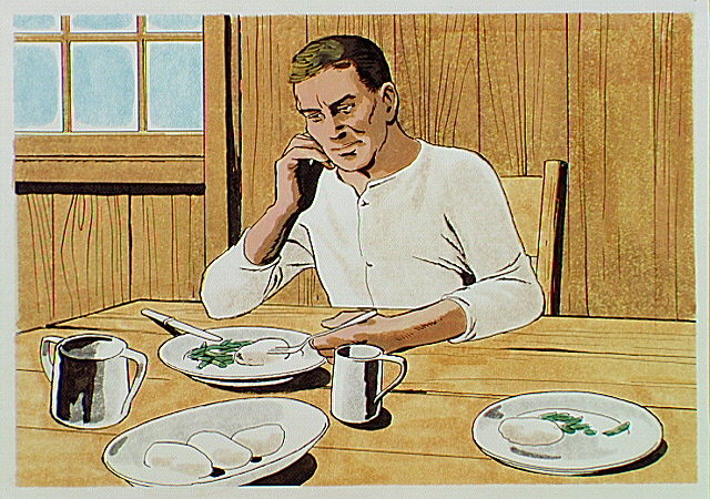 Soldier eating potatoes.