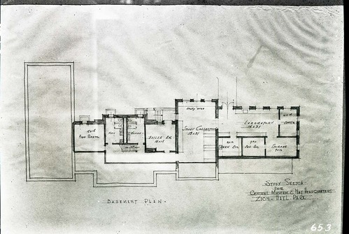 Study sketch for the central museum and headquarters. Floor plan and basement plan.