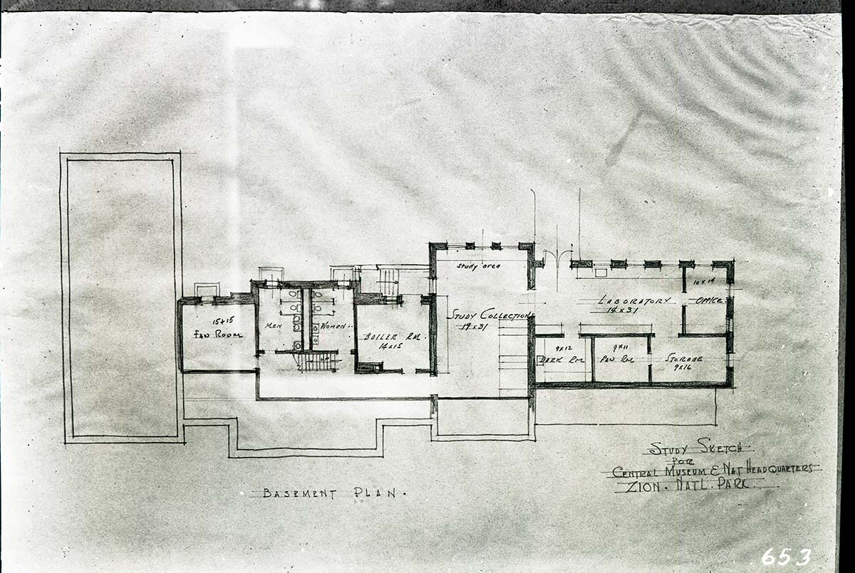 Study sketch for the central museum and headquarters. Floor plan and basement plan.