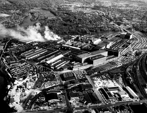 Black and white aerial photo of a factory