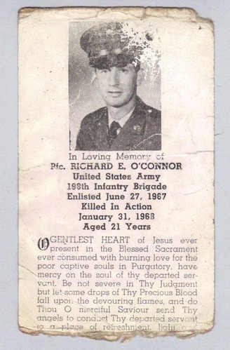 Funeral card for Richard Edward O'Connor (KIA 01/31/1968). The card bears an image of PFC O'Connor in military dress and lists his name, branch of service, unit, date of enlistment, date of death, and age. Below his biographical information is a prayer for mercy for the soul of the departed.