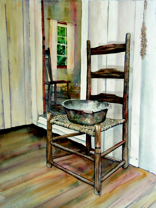A painting depicts an antique chair placed on the porch of an old house with a bowl on its woven fiber seat.