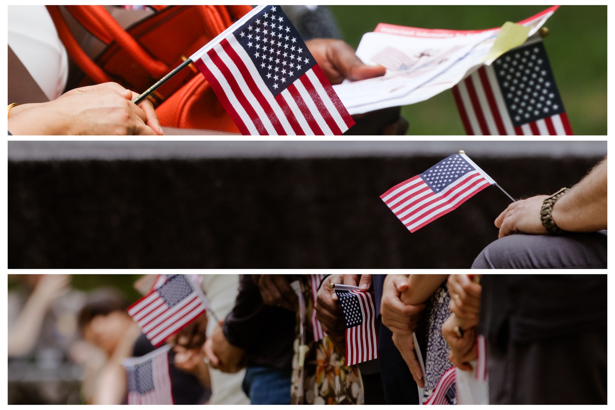 Three photo collage shows multiple small US flags in the hands of audience members.