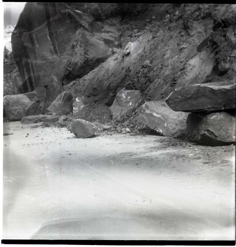 BW photo of rock slide near Echo Rock - 2.5" x 2.5".