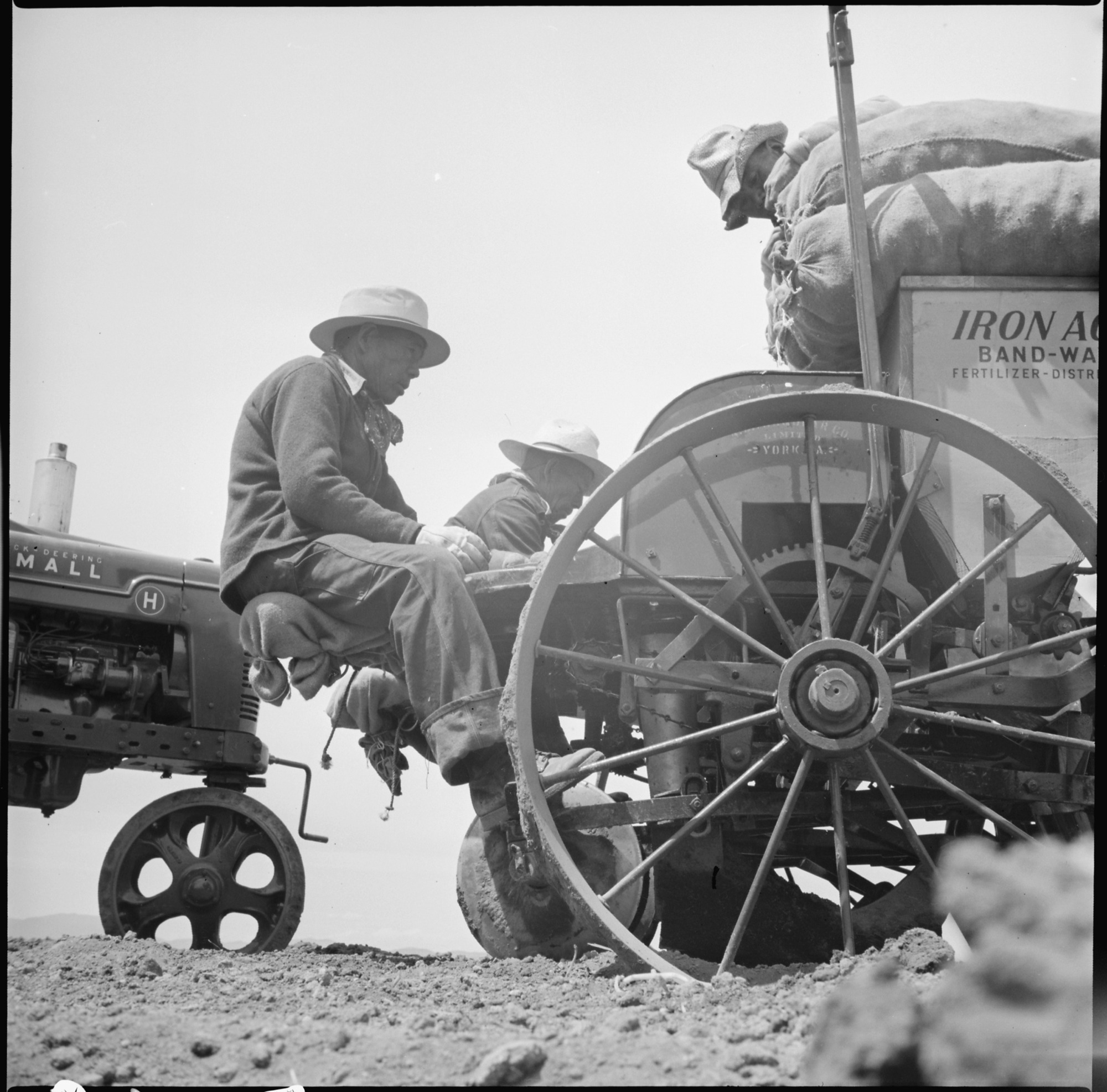 This picture shows the method used by the evacuee farmer crews in placing seed potatoes in the semi-automatic potato planters