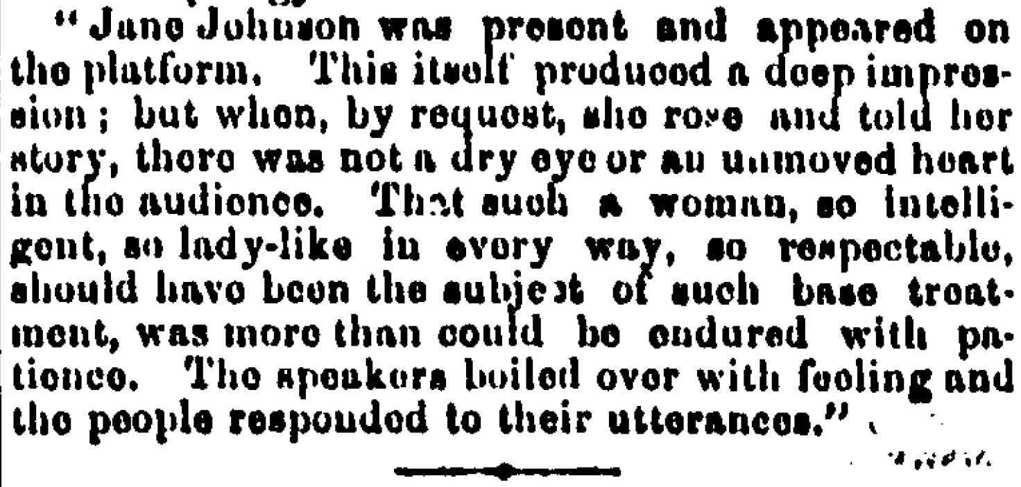 Newspaper clipping about Jane Johnson attending an anti-slavery convention.