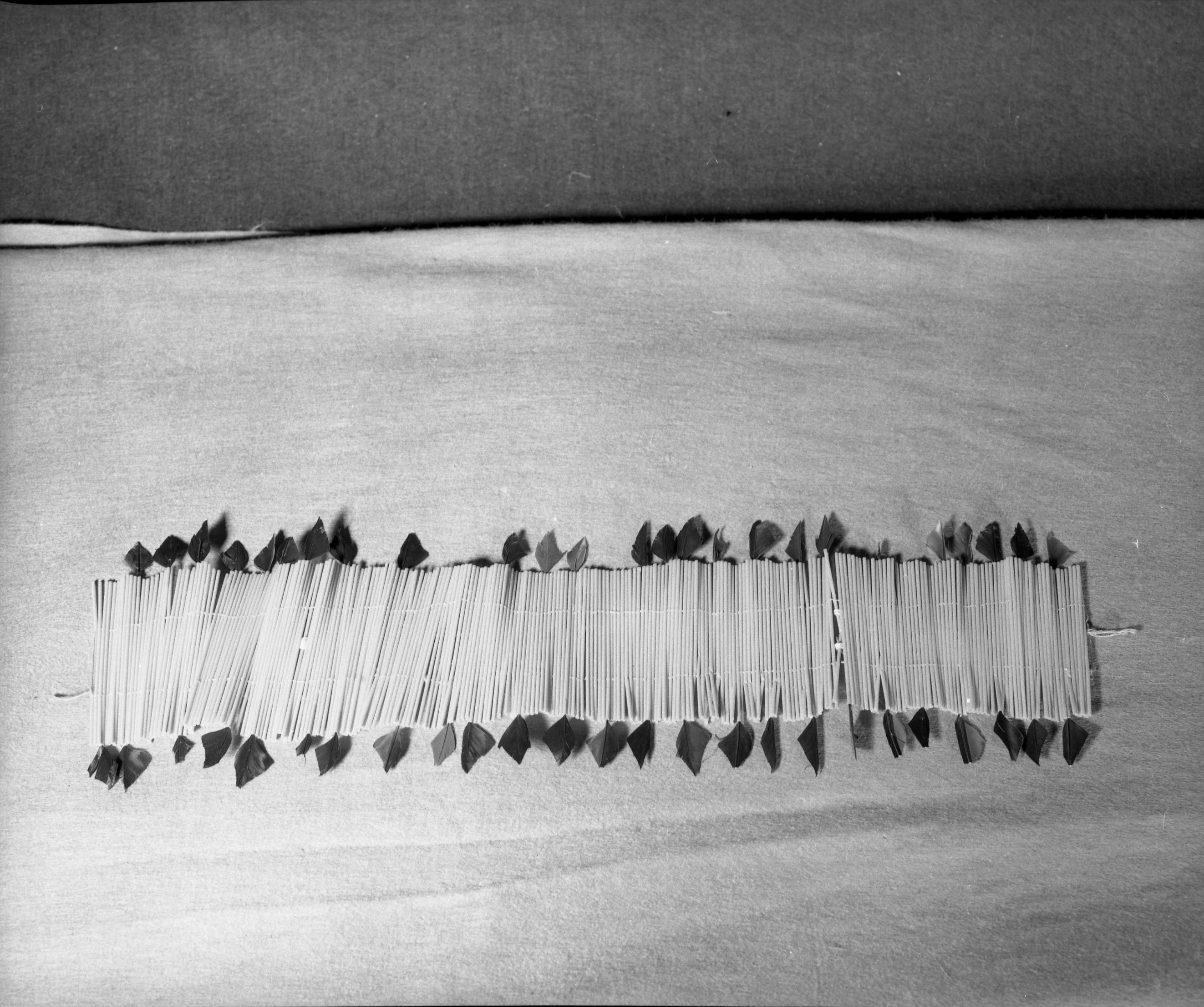 Marie Rozier Collection, Catalog No. 212. Object: False headband. Dimensions: 18 x 5 1/2". Materials: commercial leather, blackbird feathers, orange plastic window shade. Collection History: made to simulate flicker quill headband expressly for Marie Rozier's collection by Craig Bates, made in 1968. Photographed by Michael Dixon in December 1982. Catalogued by Craig Bates and Barbara Beroza. Yosemite Collections, National Park Service.