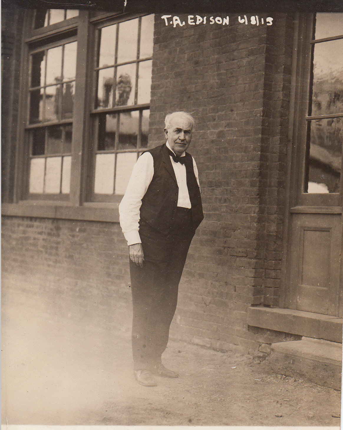 Thomas Edison outside Building 5 within his West Orange Laboratory Complex.