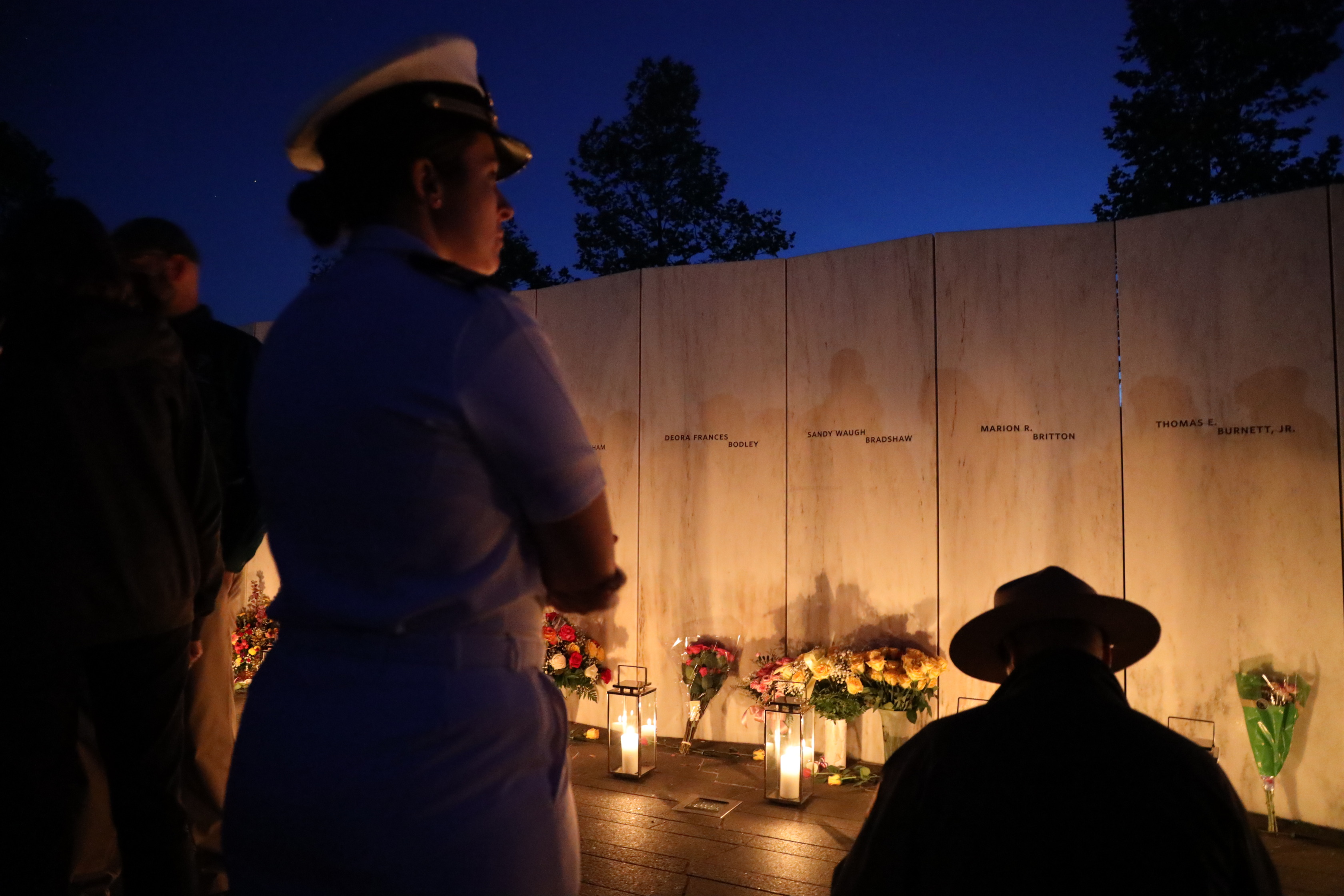 Lanterns are placed at the Wall of Names to pay tribute to the forty passengers and crew members of Flight 93.