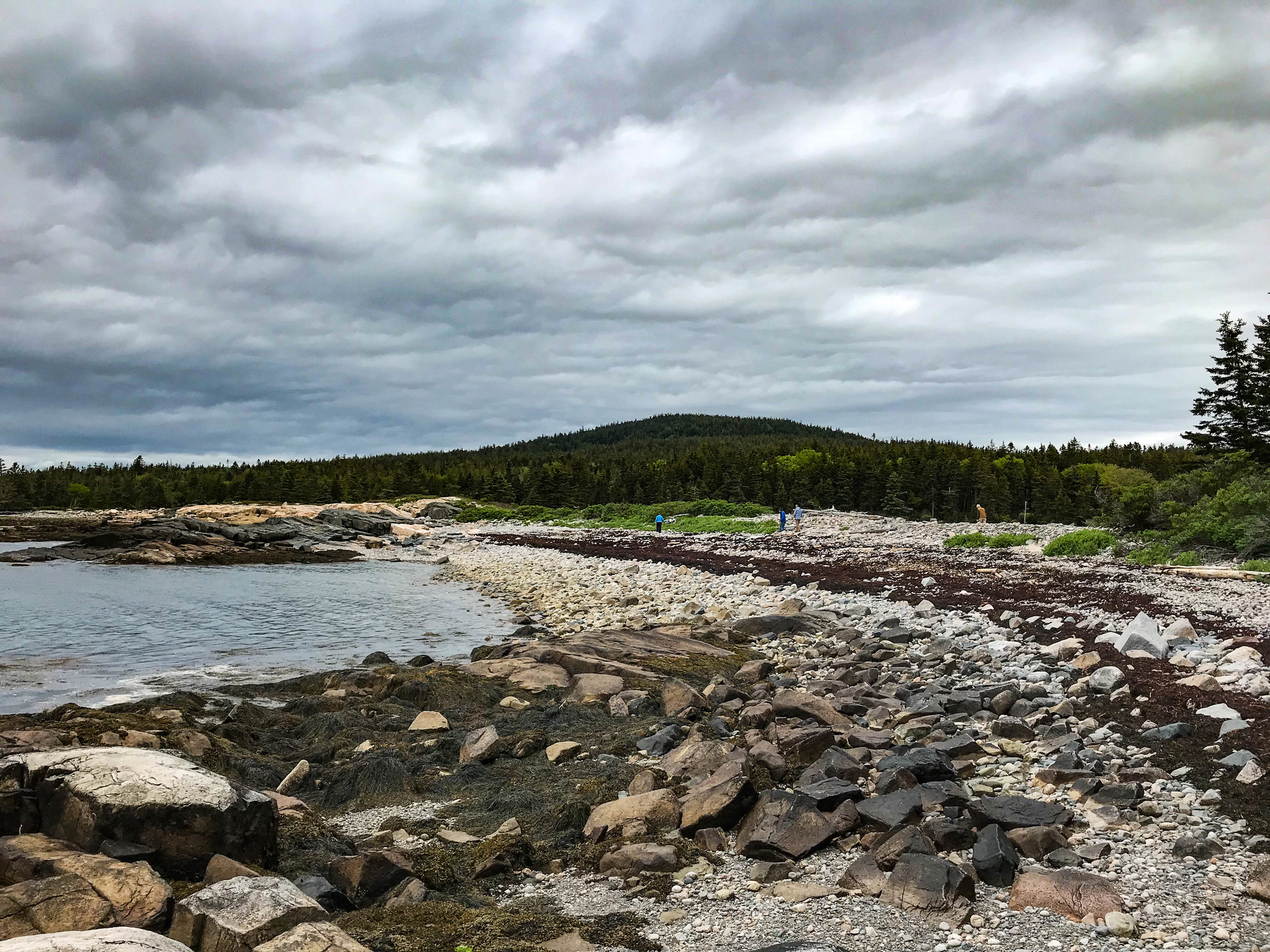 People walking on a rocky shoreline
