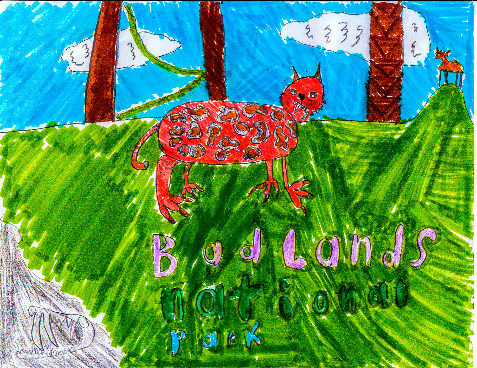 Drawing in color marker of a prehistoric cheetah in grass with trees in the distance. A skull is shown in the ground and a deer-like animal on the horizon. Text includes Badlands National Park.