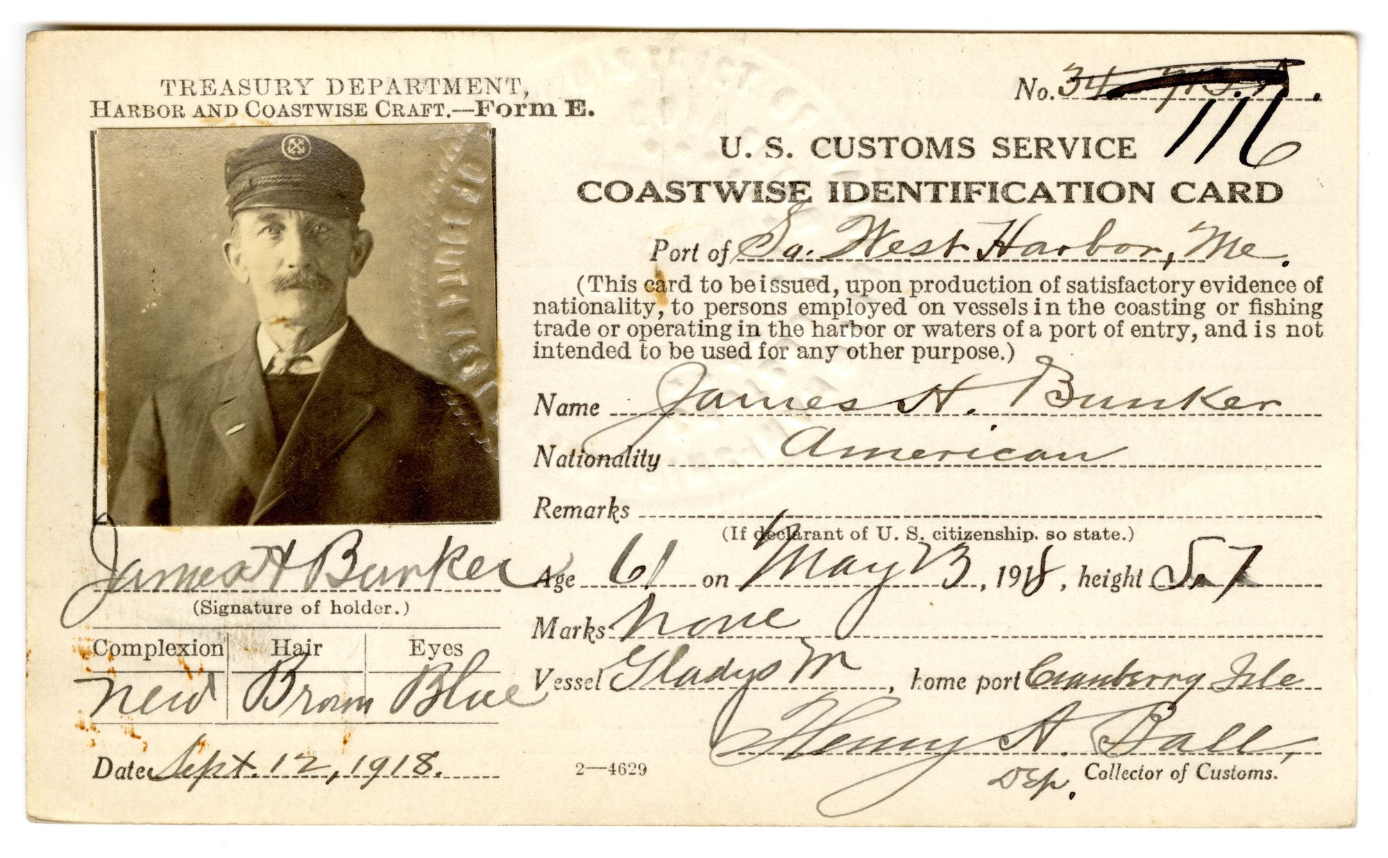 James H. Bunker 1918 Coastwise Identification Card