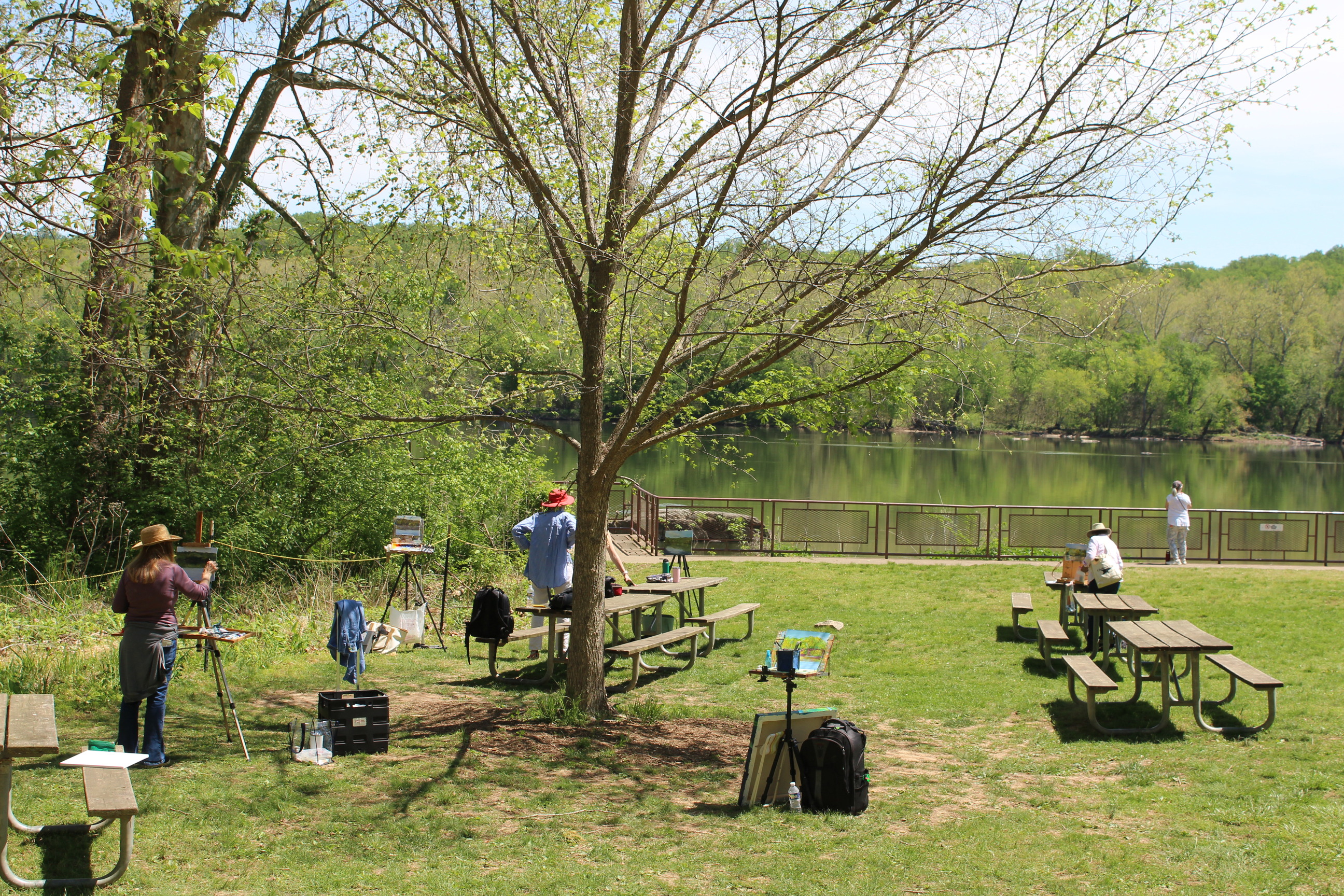 A group of people painting at a park on a riverbank
