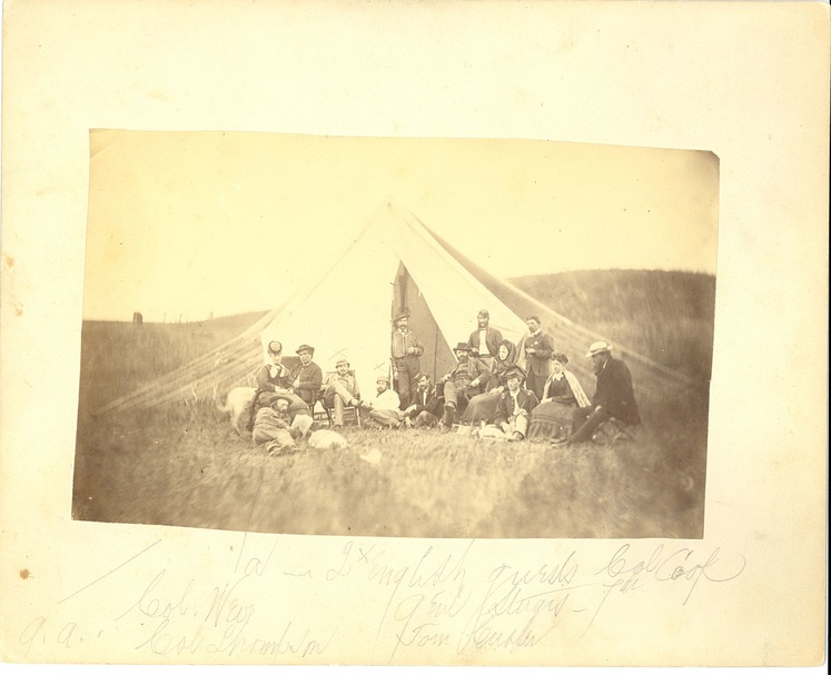 Group [left to right]: Lieutenant Colonel George Armstrong Custer, Miss Talmadge, Captain William Thompson, Lord Waterpark, Lord Alfred Paget, Lieutenant Myles Moylan, Captain Thomas Benton Weir, Colonel Samuel D. Sturgis, Lieutenant William W. Cooke, Eliz