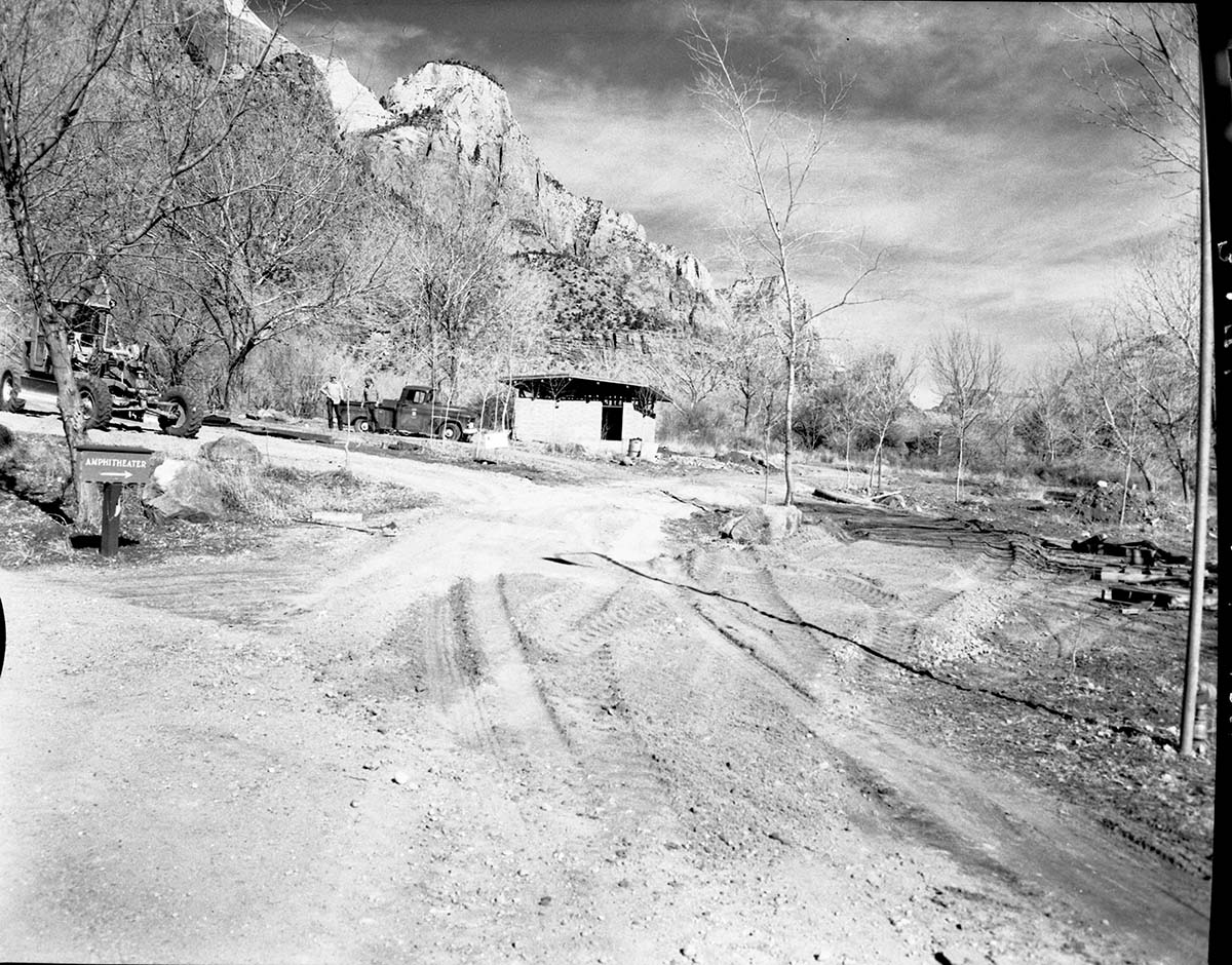 Roads, turnouts, and comfort station under construction at South Campground extension.